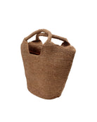 Side view St. Tropez Heart Shaped Crochet Straw Basket Handbag handmade crochet natural raffia palm fiber in a solid hue of cappuccino tea/light/brown with a subtle link texture beach bag shoulder bag - Shebobo