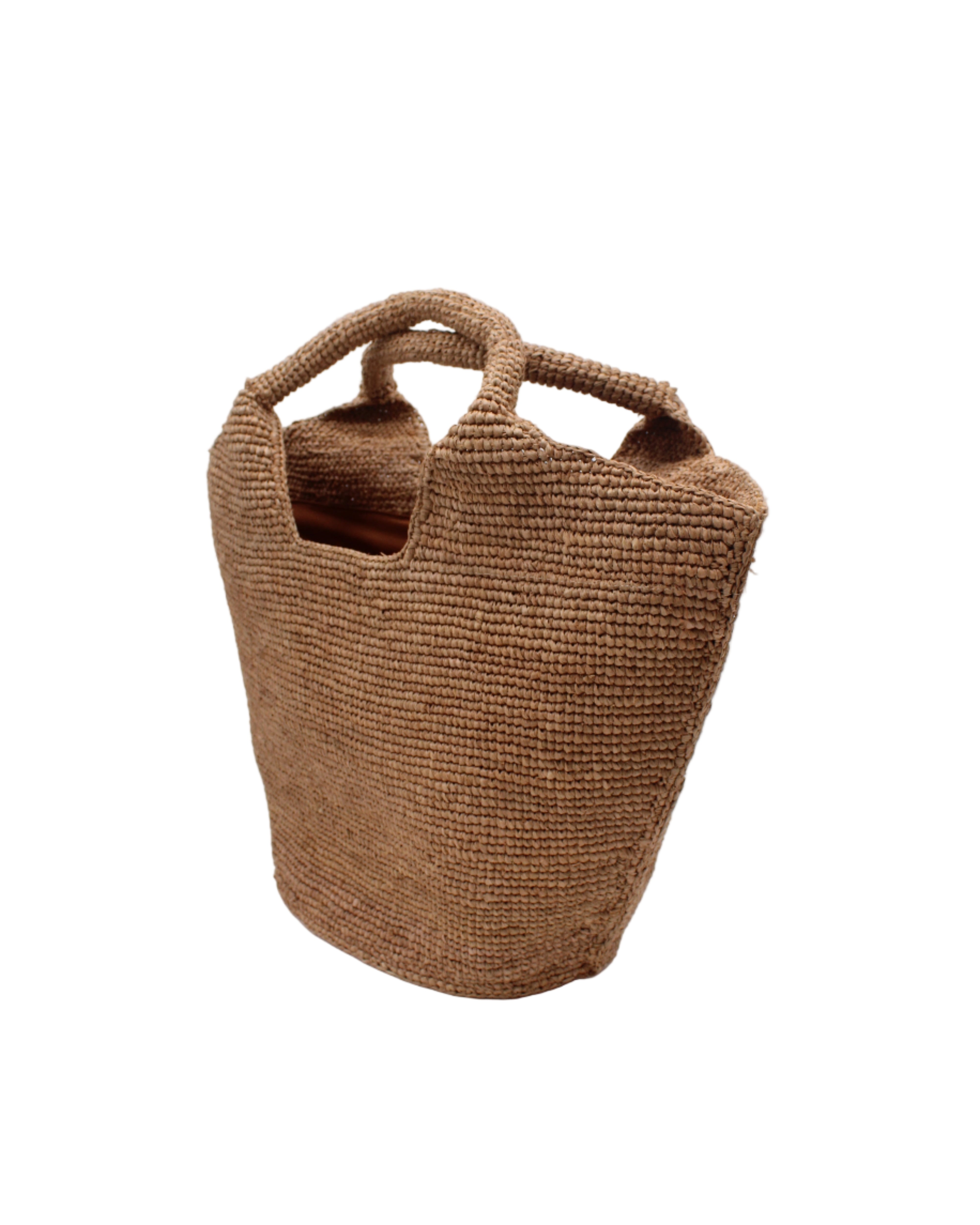 Side view St. Tropez Heart Shaped Crochet Straw Basket Handbag handmade crochet natural raffia palm fiber in a solid hue of cappuccino tea/light/brown with a subtle link texture beach bag shoulder bag - Shebobo