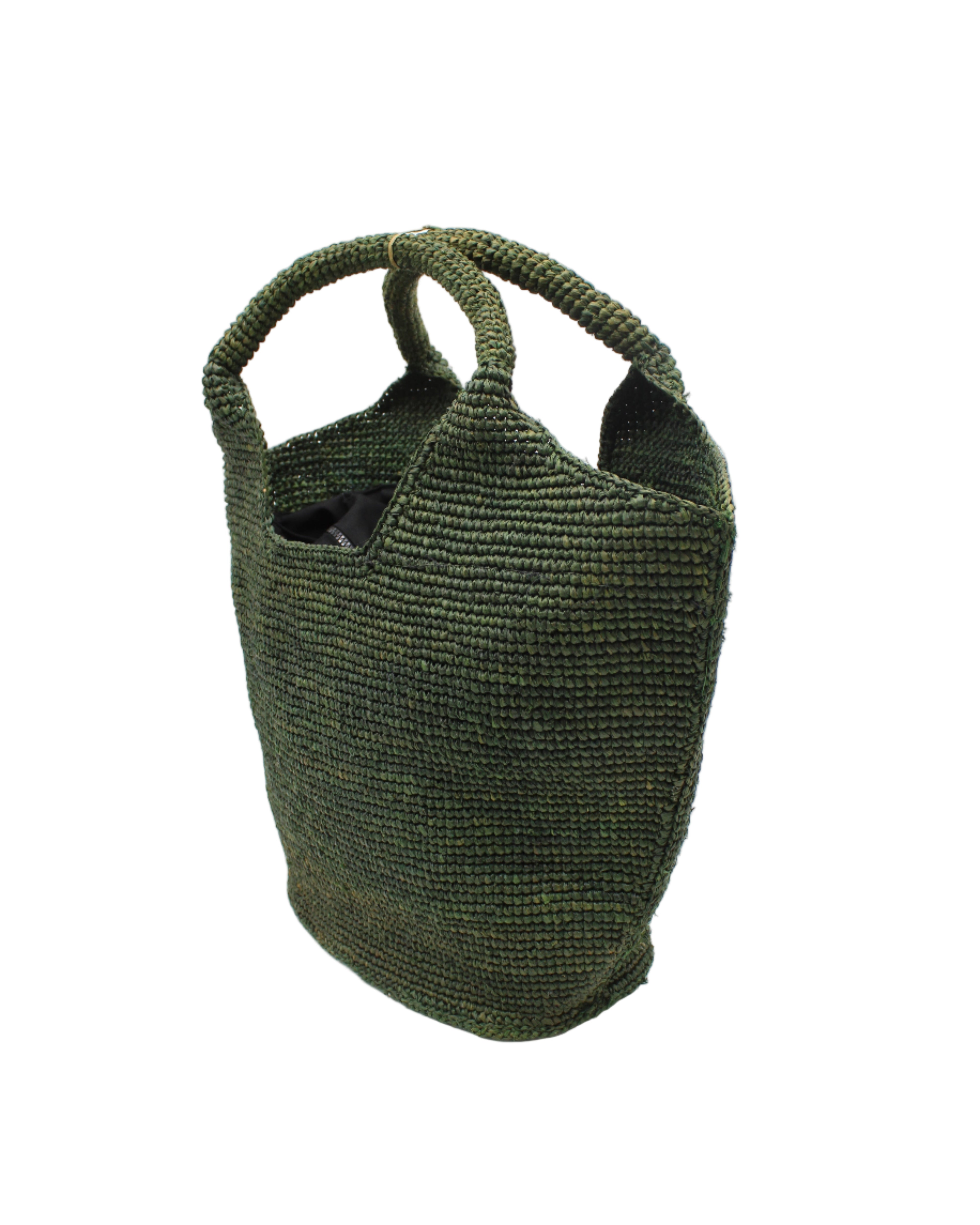 Side view St. Tropez Heart Shaped Crochet Straw Basket Handbag handmade crochet natural raffia palm fiber in a solid hue of Deep Green dark/forrest/green with a subtle link texture beach bag shoulder bag - Shebobo