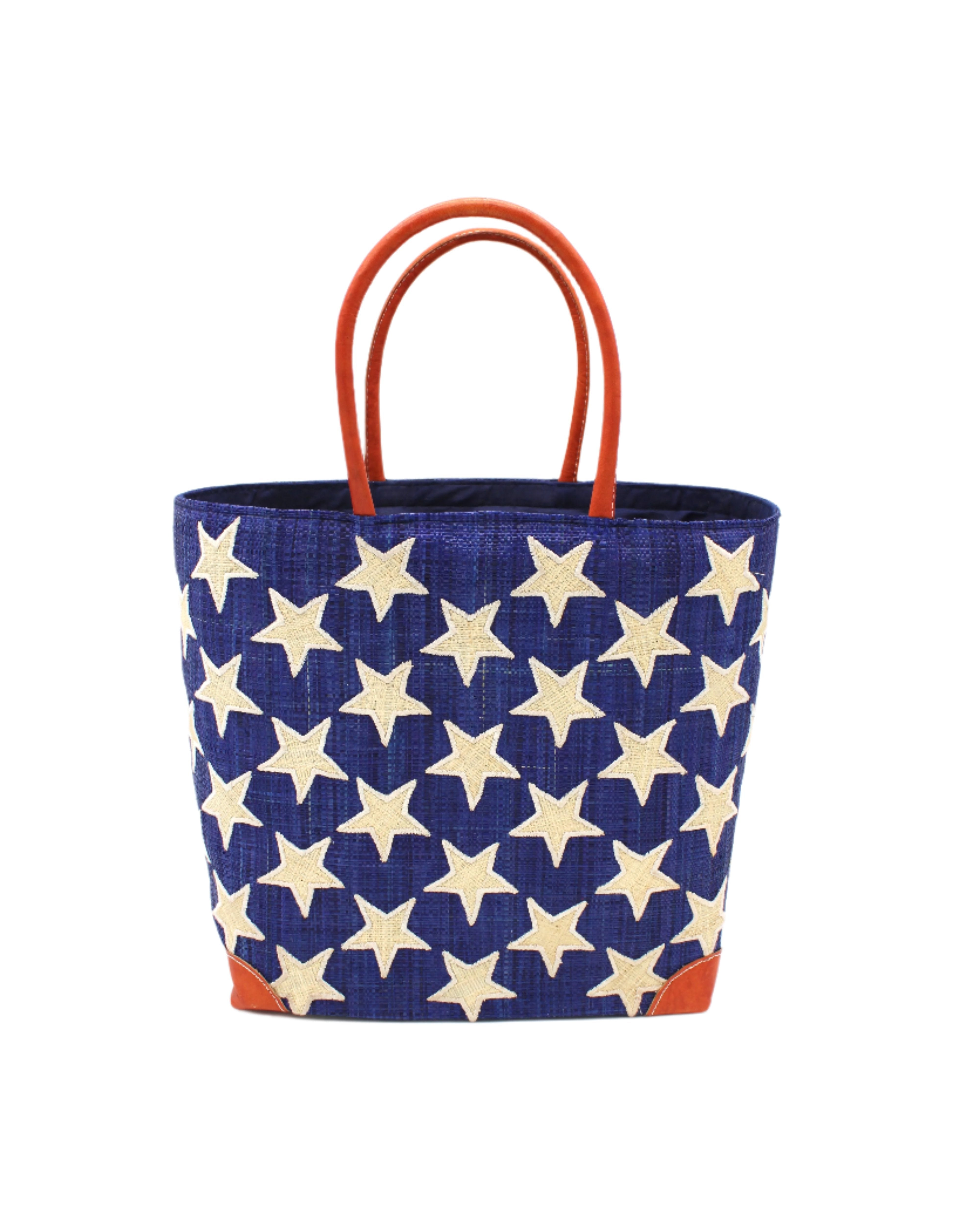 Stars Straw Basket Bag handmade loomed raffia palm fiber in a solid hue of Dusk navy/dark/blue with natural straw color loomed stars stitched on in a tight  diagonal pattern with leather handles Patriotic Americana Shoulder Bag Beach Bag - Shebobo