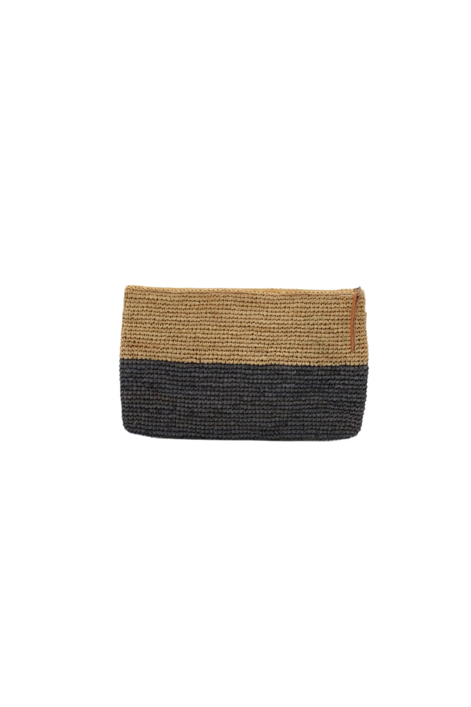 Stella Two Tone Crochet Straw Clutch handbag color block natural raffia top with grey bottom handmade purse with zipper closure and leather pull pouch bag - Shebobo