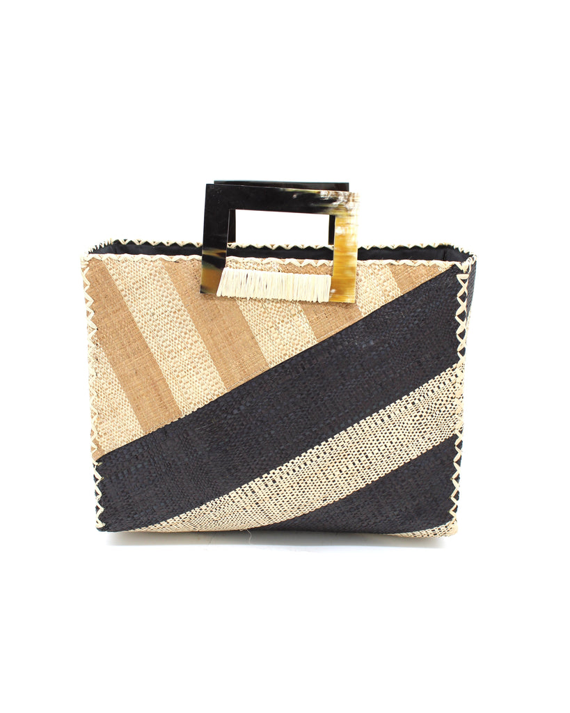Stevie Double Wide Stripe Black & Cappuccino Square Straw Handbag with Horn Handles handmade loomed raffia palm fiber in even width wide stripe pattern of black and natural straw color oriented on the diagonal of three quarters of the bag with matching stripe pattern of cappuccino tea/light/brown and natural diagonally on the top left corner quarter shoulder bag handbag - Shebobo