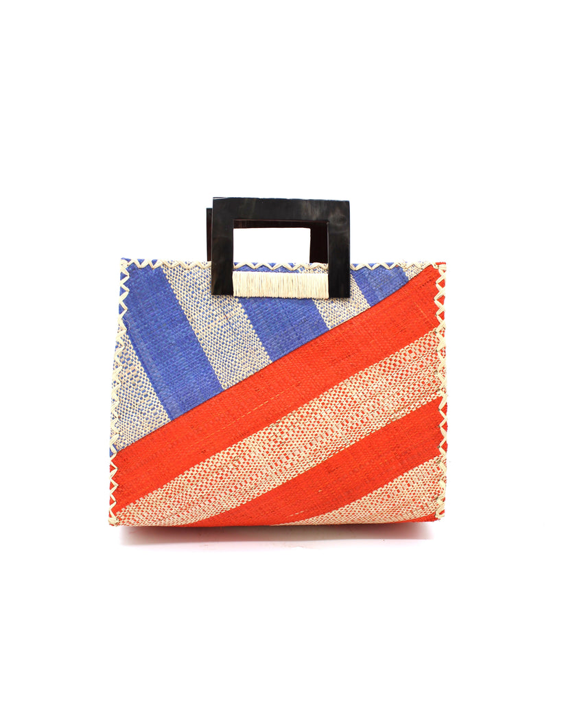 Stevie Double Wide Stripe Coral & Denim Square Straw Handbag with Horn Handles handmade loomed raffia palm fiber in even width wide stripe pattern of Coral orange/red and natural straw color oriented on the diagonal of three quarters of the bag with matching stripe pattern of Denim retro/light/blue and natural diagonally on the top left corner quarter shoulder bag handbag - Shebobo