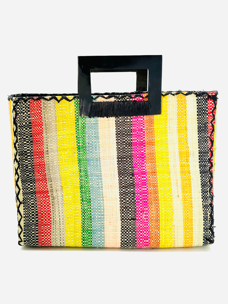 Stevie Square Lollipop Multicolor Stripe Straw Handbag with Horn Handles handmade loomed raffia with yellow, saffron, light blue, green, red, black, fuchsia, orange, natural, etc. varying width vertical stripe pattern purse with matching black liner, cross stitch edging, and handle attachment - Shebobo