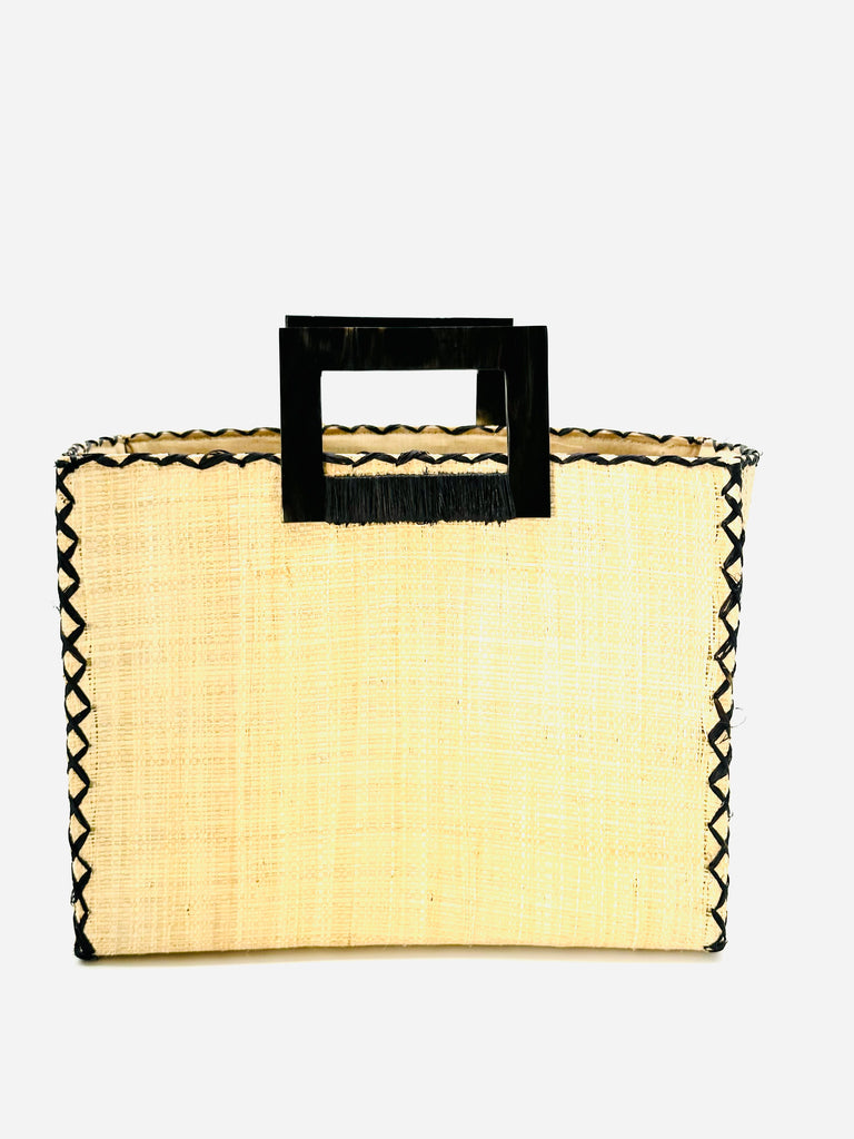 Stevie Square Natural Multicolor Straw Handbag with Horn Handles handmade loomed raffia in natural straw color purse with matching liner, contrasting black cross stitch edging, and handle attachment - Shebobo