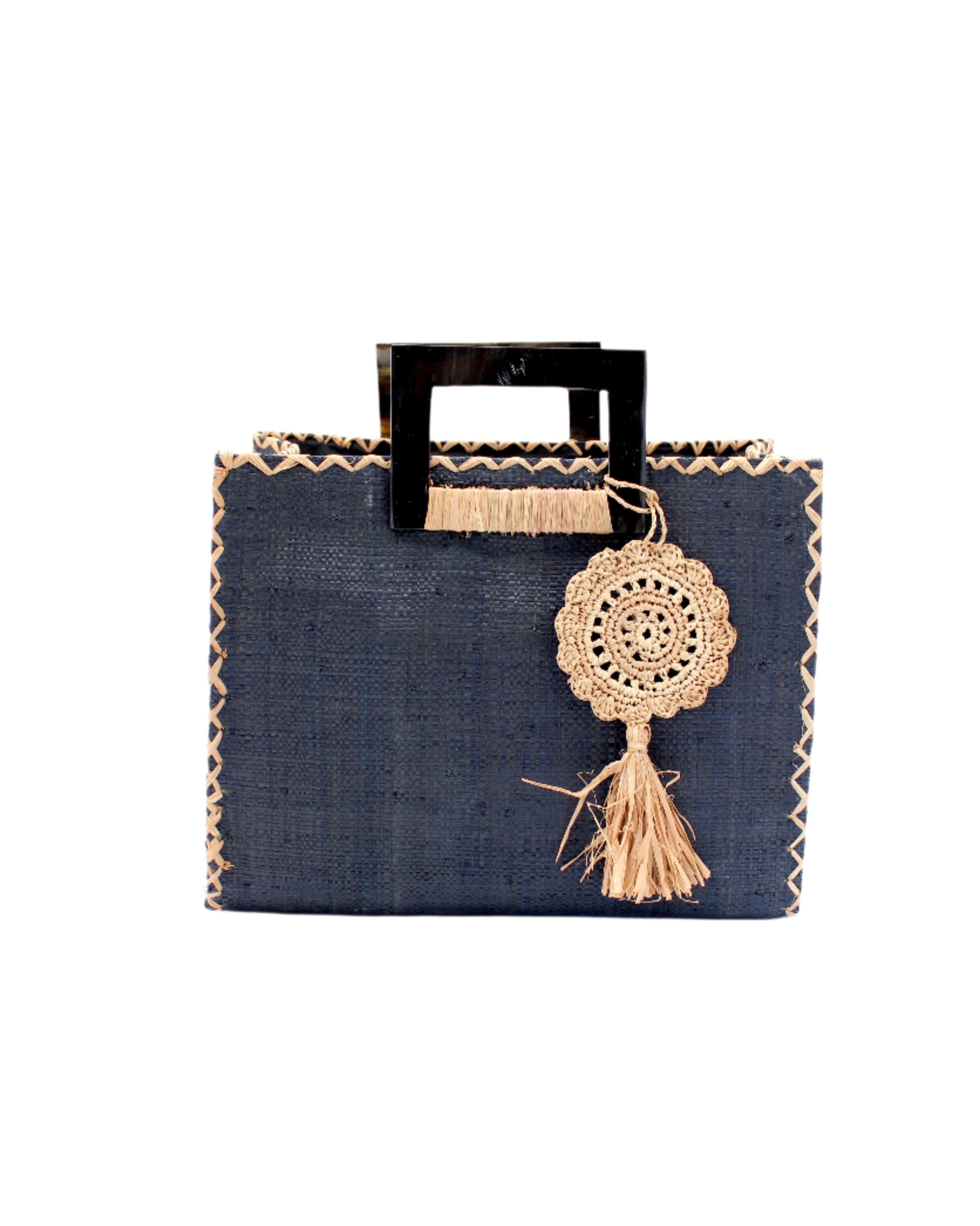 Stevie Square Black Multicolor Straw Handbag with Horn Handles handmade loomed raffia in black purse with matching liner, contrasting natural cross stitch edging, handle attachment, and crochet doily tassel charm embellishment - Shebobo