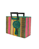 Side view Stevie Square Carmalita Multicolor Stripe Straw Handbag with Horn Handles handmade loomed raffia with saffron yellow, turquoise blue, fuchsia pink, naural, and black varying width vertical stripe pattern purse with matching turquoise liner, cross stitch edging, handle attachment, and crochet doily tassel charm embellishment - Shebobo