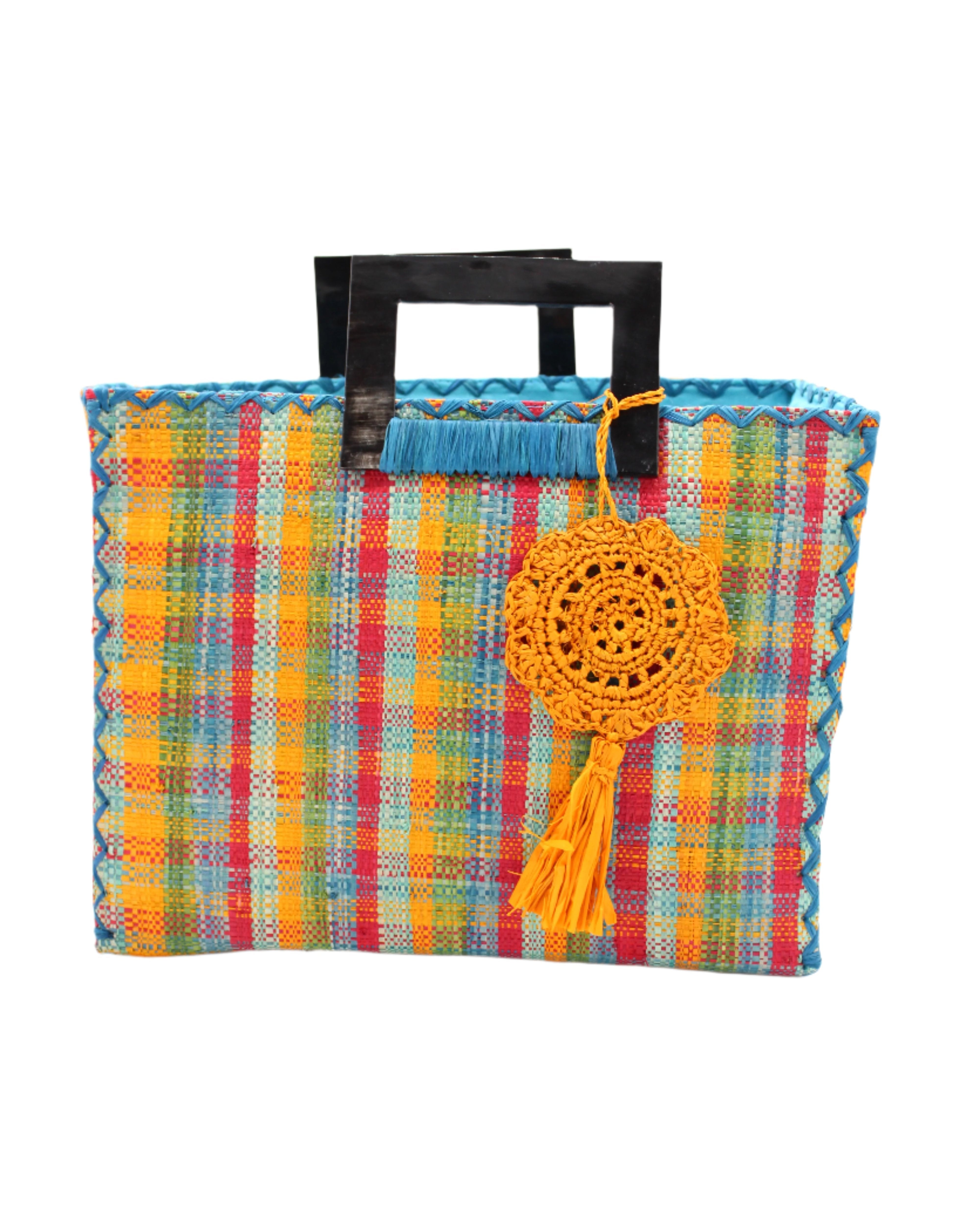 Stevie Square Hamptons Gingham Multicolor Straw Handbag with Horn Handles handmade loomed raffia with saffron yellow, turquoise blue, red, olive green, and seafoam blue/green petite gingham plaid pattern purse with matching turquoise liner, cross stitch edging, handle attachment, and crochet doily tassel charm embellishment - Shebobo