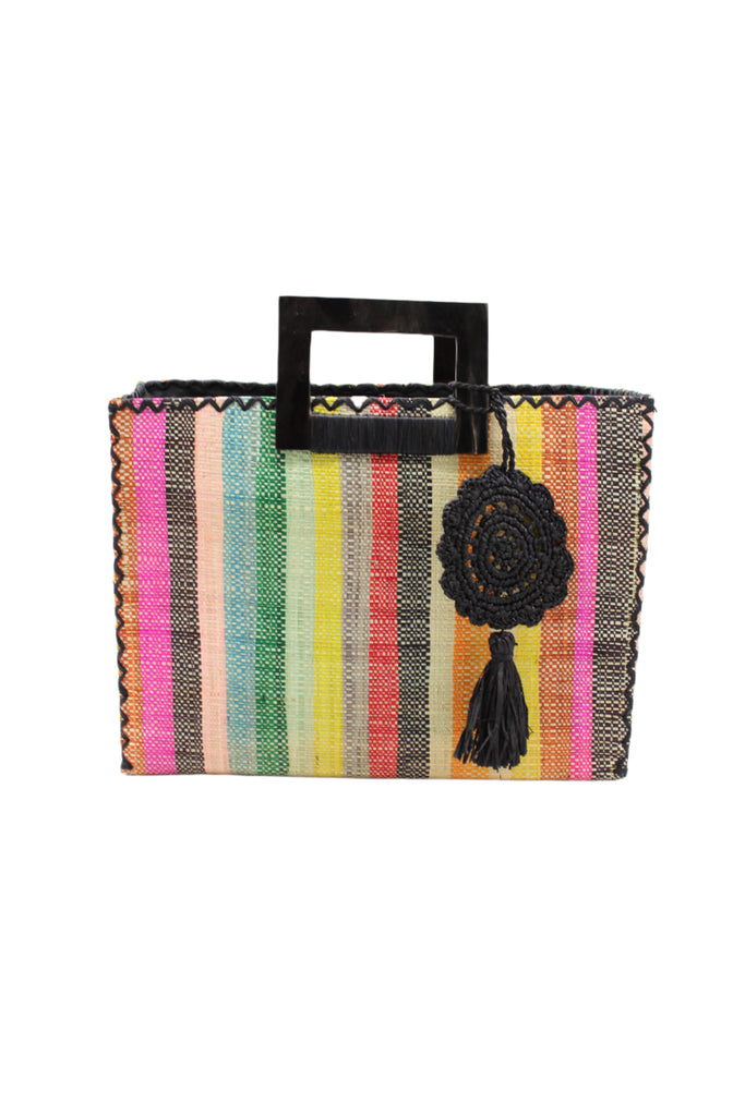 Stevie Square Lollipop Multicolor Stripe Straw Handbag with Horn Handles handmade loomed raffia with yellow, saffron, light blue, green, red, black, fuchsia, orange, natural, etc. varying width vertical stripe pattern purse with matching black liner, cross stitch edging, handle attachment, and crochet doily tassel charm embellishment - Shebobo