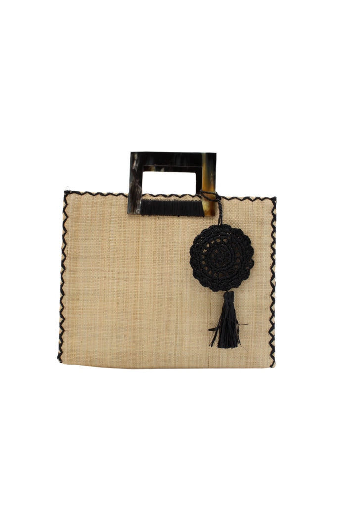 Stevie Square Natural Multicolor Straw Handbag with Horn Handles handmade loomed raffia in natural straw color purse with matching liner, contrasting black cross stitch edging, handle attachment, and crochet doily tassel charm embellishment - Shebobo