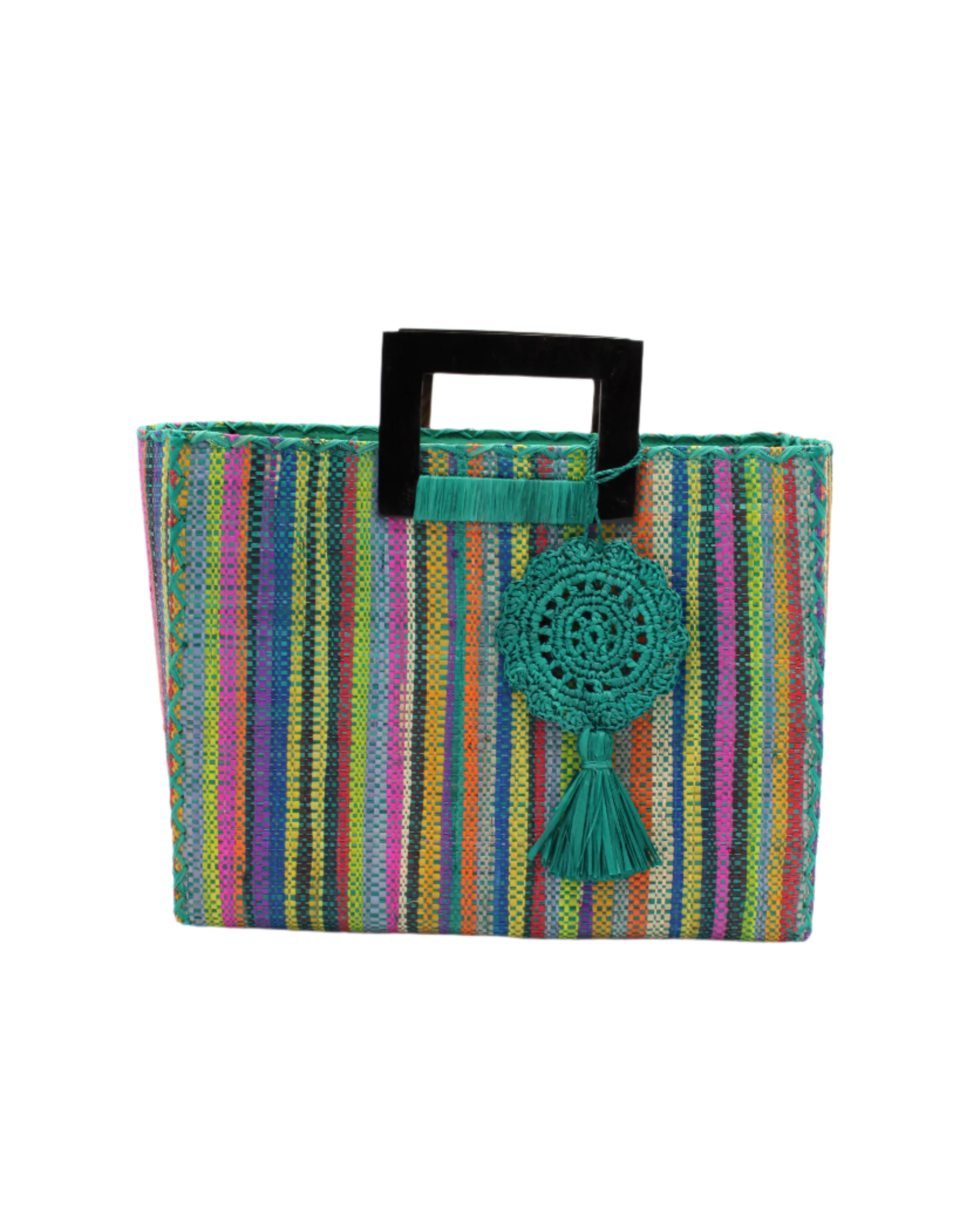 Stevie Square Turquoise Stripes Multicolor Straw Handbag with Horn Handles handmade loomed raffia with turquoise, navy, light blue, purple, red, black, fuchsia, orange, yellow, lime, etc. varying width vertical stripe pattern purse with matching turquoise liner, cross stitch edging, handle attachment, and crochet doily tassel embellishment - Shebobo