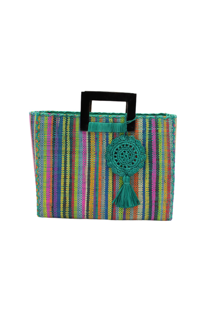 Stevie Square Turquoise Stripes Multicolor Straw Handbag with Horn Handles handmade loomed raffia with turquoise, navy, light blue, purple, red, black, fuchsia, orange, yellow, lime, etc. varying width vertical stripe pattern purse with matching turquoise liner, cross stitch edging, handle attachment, and crochet doily tassel embellishment - Shebobo