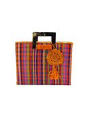 Stevie Square Whidby Gingham Multicolor Straw Handbag with Horn Handles handmade loomed raffia with purple, yellow, saffron, natural, red, green, blue, pink, etc. petite gingham plaid pattern purse with matching purple liner, cross stitch edging, handle attachment, and crochet doily tassel charm embellishment - Shebobo