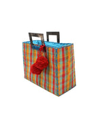 Stevie Square Hamptons Gingham Multicolor Straw Handbag with Horn Handles handmade loomed raffia with saffron yellow, turquoise blue, red, olive green, and seafoam blue/green petite gingham plaid pattern purse with matching turquoise liner, cross stitch edging, handle attachment, and crochet doily tassel charm embellishment - Shebobo