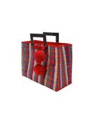 Stevie Square Hatteras Gingham Multicolor Straw Handbag with Horn Handles handmade loomed raffia with natural, navy, turquoise, and red petite gingham plaid pattern purse with matching red liner, cross stitch edging, handle attachment, and crochet doily tassel charm embellishment - Shebobo
