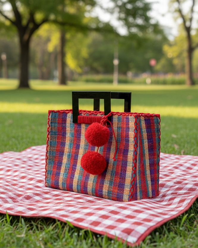 Stevie Square Hatteras Gingham Multicolor Straw Handbag 