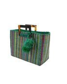 Stevie Square Turquoise Stripes Multicolor Straw Handbag with Horn Handles handmade loomed raffia with turquoise, navy, light blue, purple, red, black, fuchsia, orange, yellow, lime, etc. varying width vertical stripe pattern purse with matching turquoise liner, cross stitch edging, handle attachment, and crochet doily tassel embellishment - Shebobo