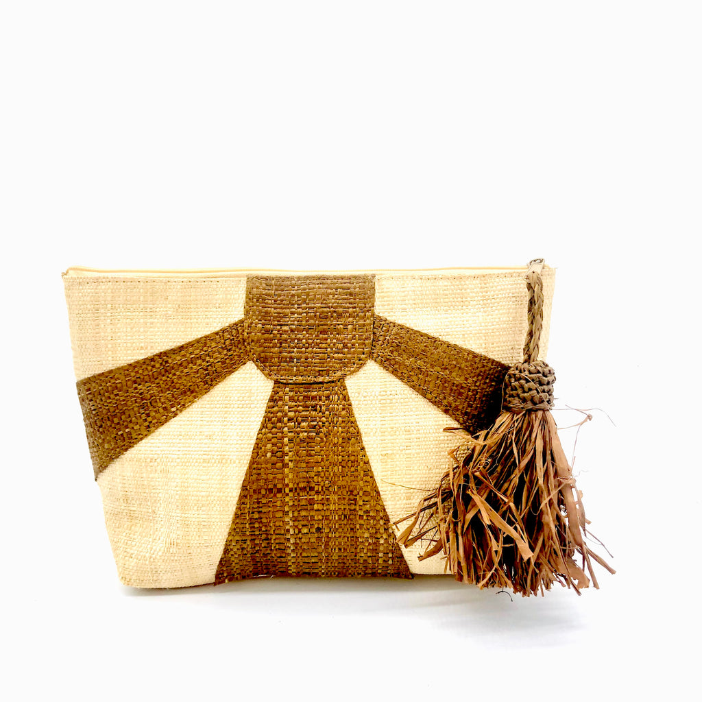 Sunburst Cinnamon Cosmetic Clutch with Tassel Zipper Pull handmade zippered pouch purse with sunburst pattern of cinnamon/tobacco/brown on natural loomed raffia palm fibers and matching colored tassel pull handbag - Shebobo