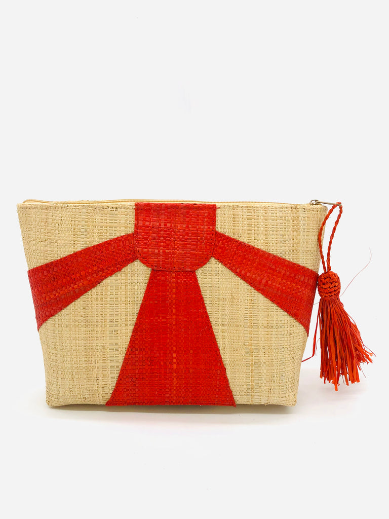 Sunburst Cosmetic Clutch with Tassel Zipper Pull handmade zippered pouch purse with sunburst pattern of coral orange/red on natural loomed raffia palm fibers and matching colored tassel pull handbag - Shebobo