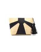 Sunburst Cosmetic Clutch with Tassel Zipper Pull handmade zippered pouch purse with sunburst pattern of black on natural loomed raffia palm fibers and matching colored tassel pull handbag - Shebobo