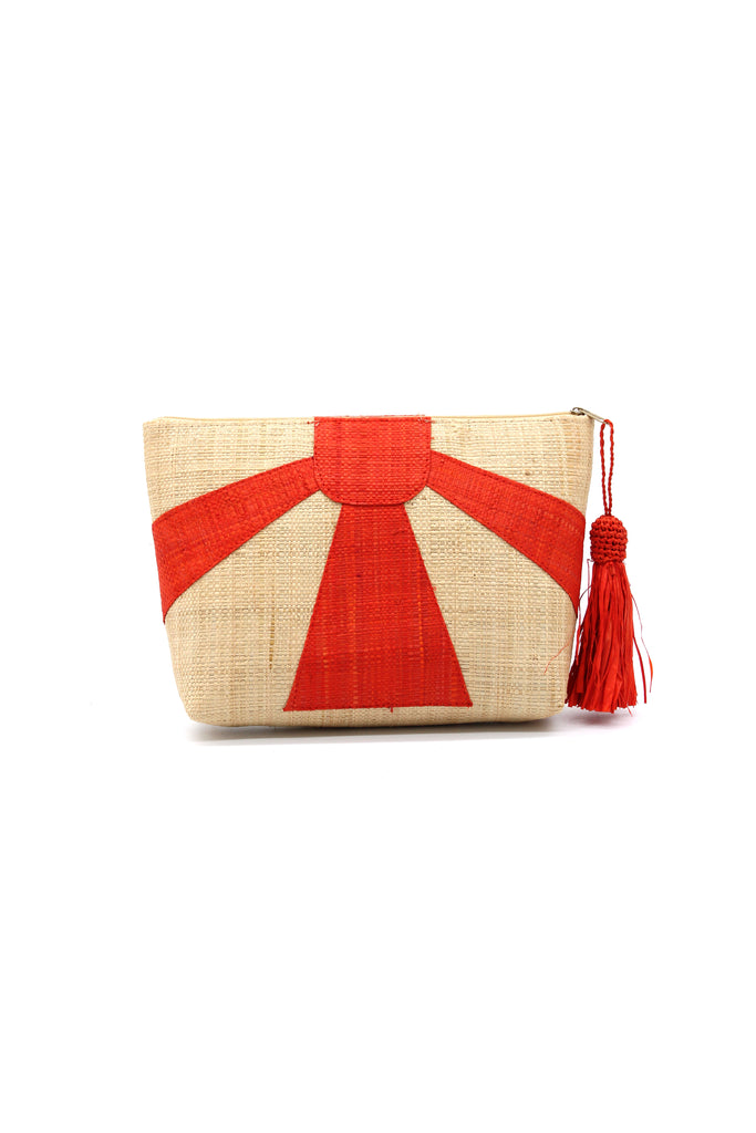 Sunburst Cosmetic Clutch with Tassel Zipper Pull handmade zippered pouch purse with sunburst pattern of coral orange/red on natural loomed raffia palm fibers and matching colored tassel pull handbag - Shebobo