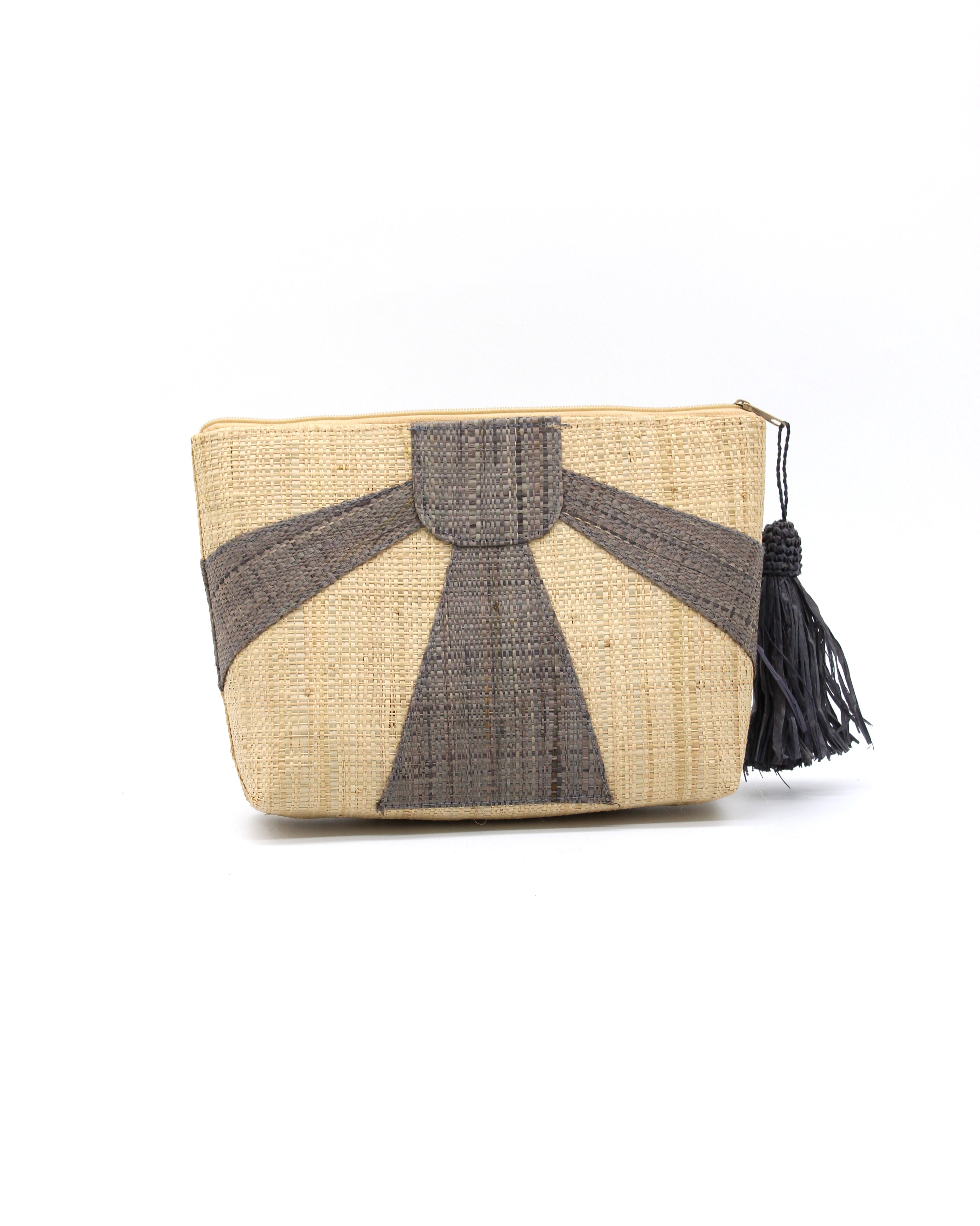 Sunburst Cosmetic Clutch with Tassel Zipper Pull handmade zippered pouch purse with sunburst pattern of grey on natural loomed raffia palm fibers and matching colored tassel pull handbag - Shebobo