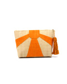 Sunburst Cosmetic Clutch with Tassel Zipper Pull handmade zippered pouch purse with sunburst pattern of saffron yellow on natural loomed raffia palm fibers and matching colored tassel pull handbag - Shebobo