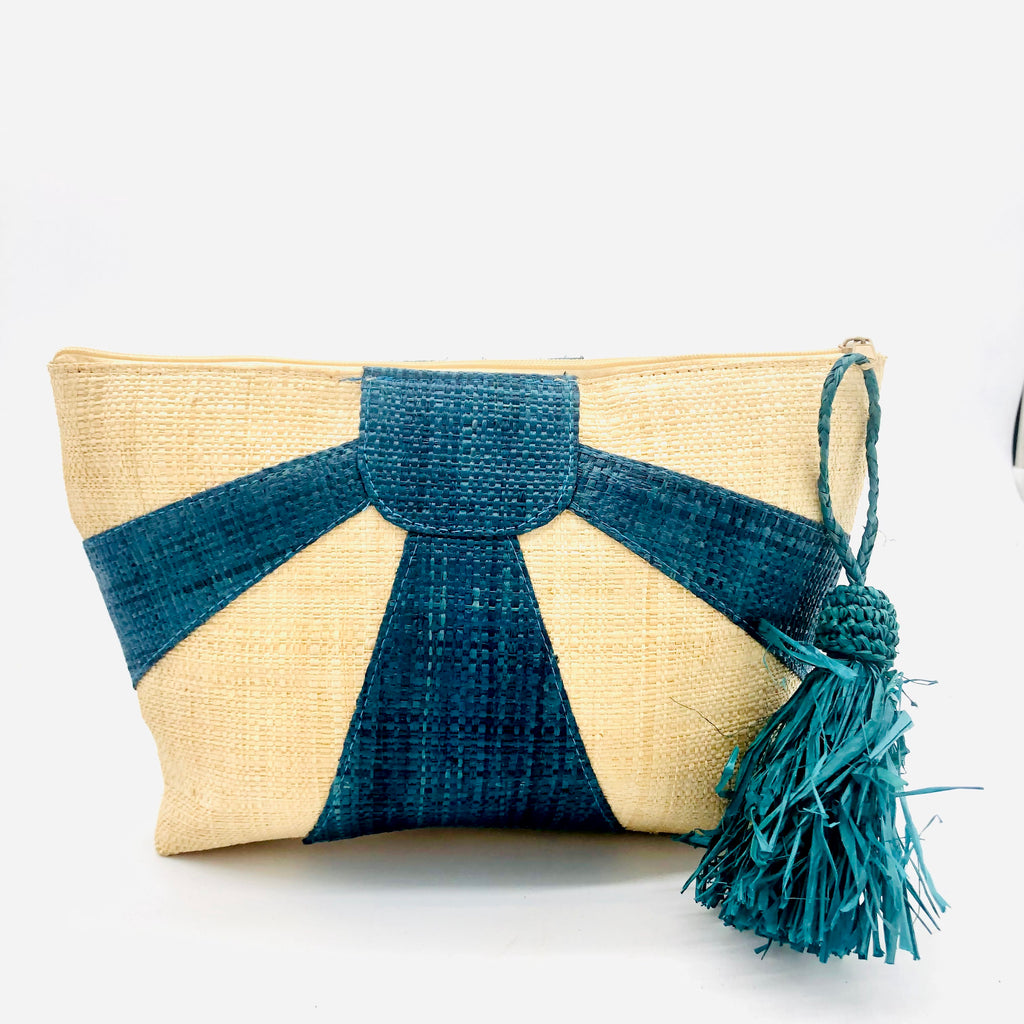 Sunburst Cosmetic Clutch with Tassel Zipper Pull handmade zippered pouch purse with sunburst pattern of turquoise blue on natural loomed raffia palm fibers and matching colored tassel pull handbag - Shebobo