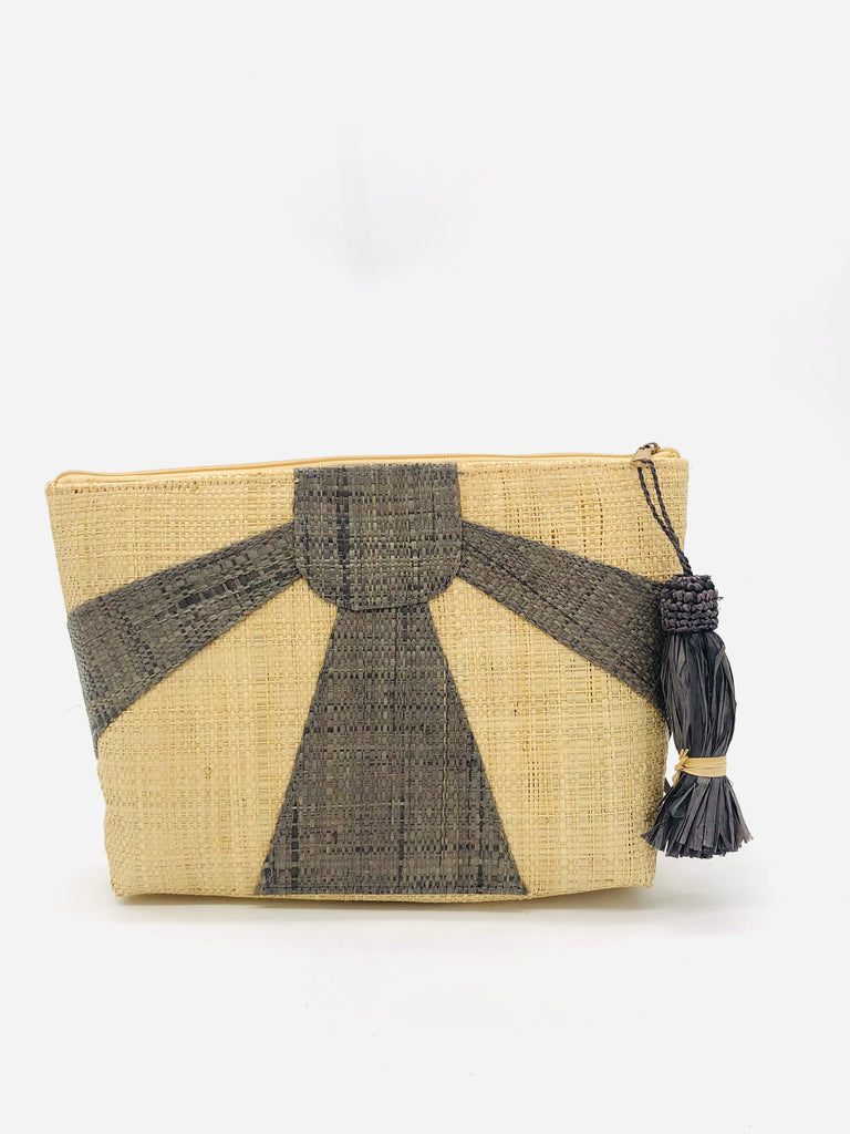 Sunburst Cosmetic Clutch with Tassel Zipper Pull handmade zippered pouch purse with sunburst pattern of grey on natural loomed raffia palm fibers and matching colored tassel pull handbag - Shebobo