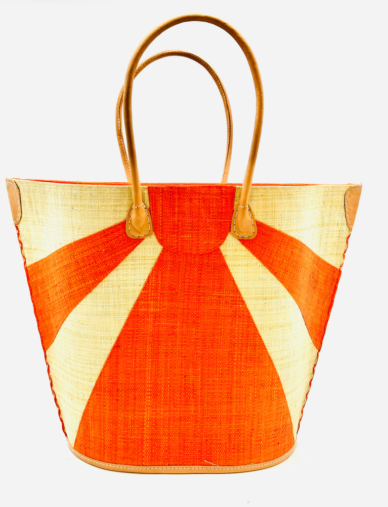 Sunburst Large Straw Tote Bag Coral orange/red sunburst pattern on natural handmade loomed raffia xl beach bag handbag with leather handles and details - Shebobo