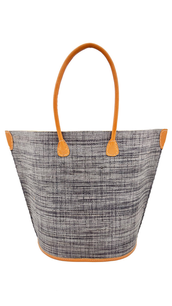 Back view Sunburst large straw tote bag two tone handmade geometric pattern grey on natural handbag beach bag - Shebobo