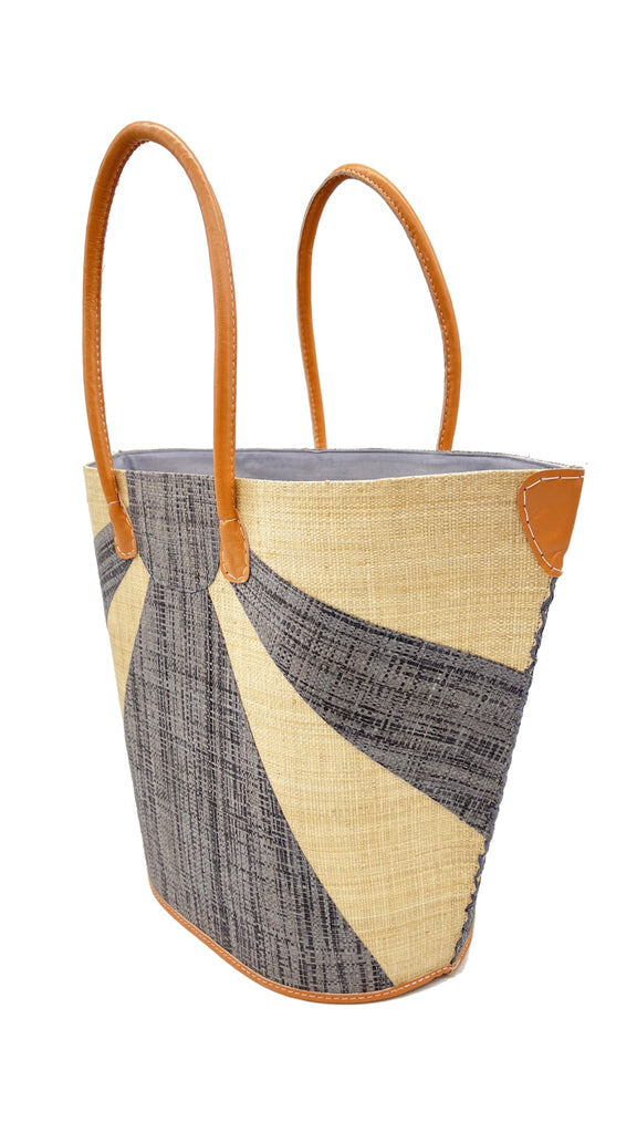 Side View Sunburst large straw tote bag two tone handmade geometric pattern grey on natural handbag beach bag - Shebobo