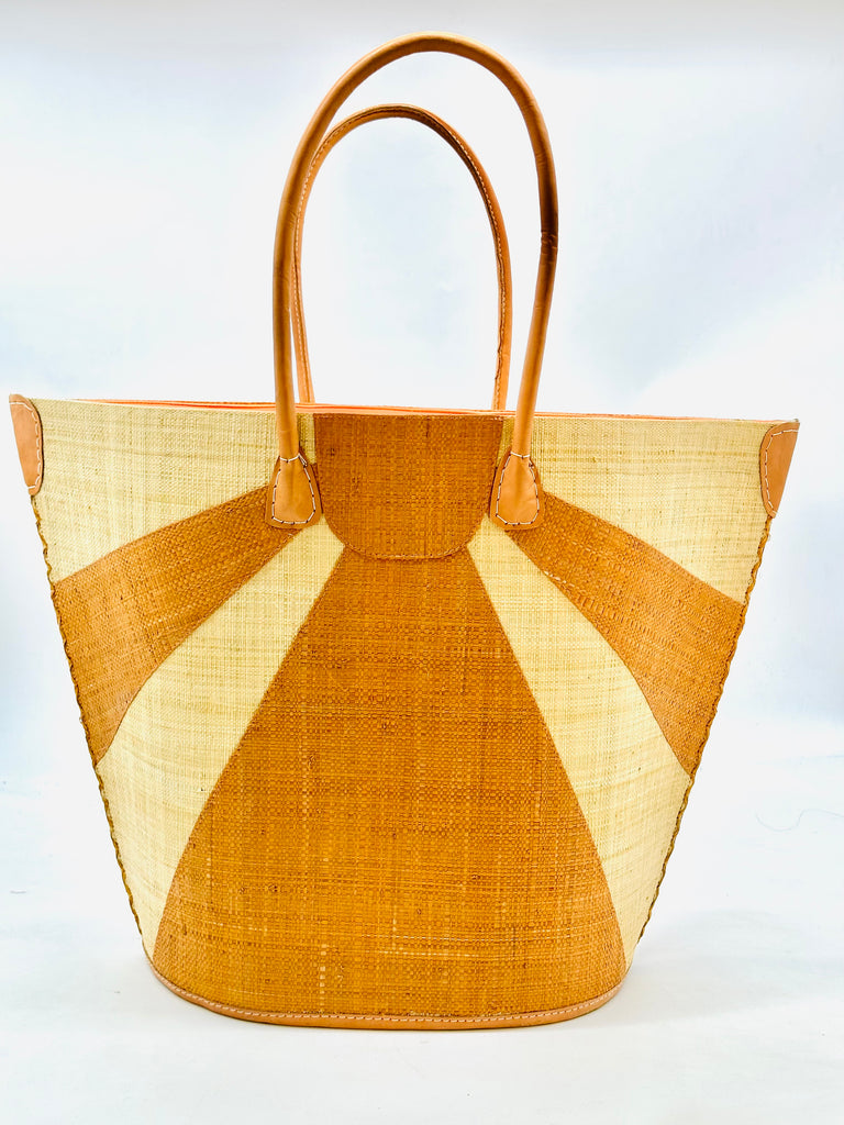Sunburst Large Straw Tote Bag Honeycomb brown/yellow sunburst pattern on natural handmade loomed raffia xl beach bag handbag with leather handles and details - Shebobo