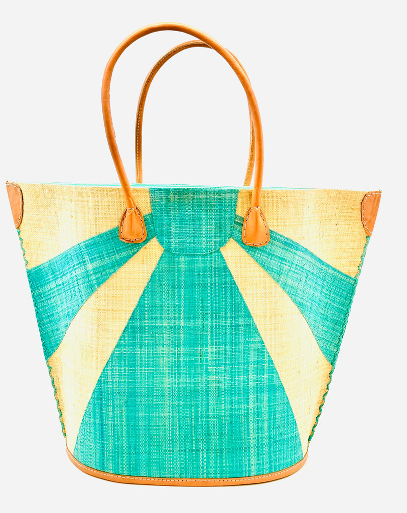 Sunburst Large Straw Tote Bag Seafoam blue/green sunburst pattern on natural handmade loomed raffia xl beach bag handbag with leather handles and details - Shebobo