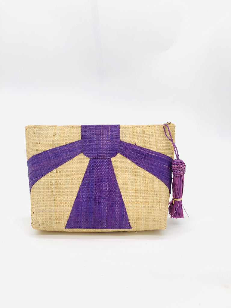 Sunburst Cosmetic Clutch with Tassel Zipper Pull handmade zippered pouch purse with sunburst pattern of lavender purple on natural loomed raffia palm fibers and matching colored tassel pull handbag - Shebobo