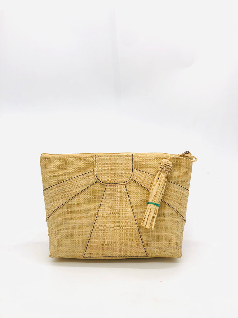 Sunburst Cosmetic Clutch with Tassel Zipper Pull handmade zippered pouch purse with sunburst pattern of natural with contrasting black stitching on natural loomed raffia palm fibers and matching colored tassel pull handbag - Shebobo