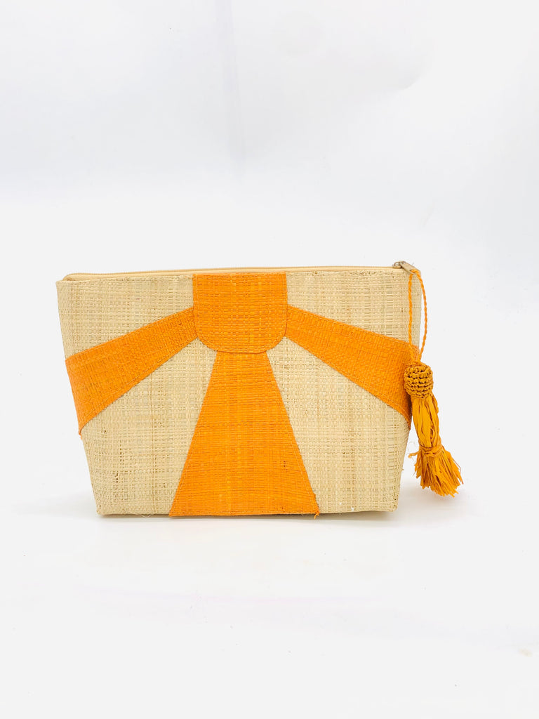 Sunburst Cosmetic Clutch with Tassel Zipper Pull handmade zippered pouch purse with sunburst pattern of saffron yellow on natural loomed raffia palm fibers and matching colored tassel pull handbag - Shebobo