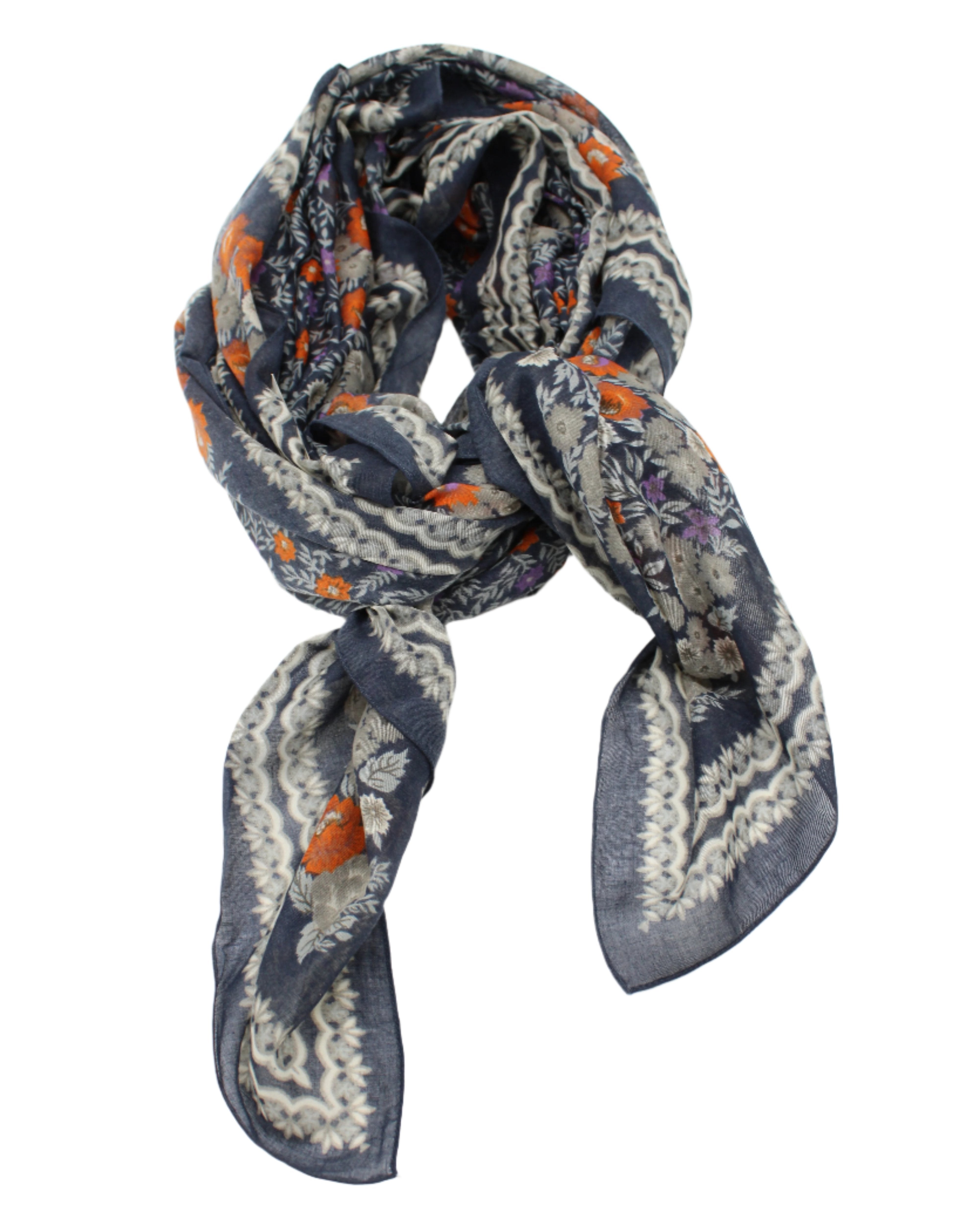Sweet Meadow Scarf Wrap Grey Multicolor Floral Pattern with black, white, grey, orange, purple, navy blue, etc. - Shebobo
