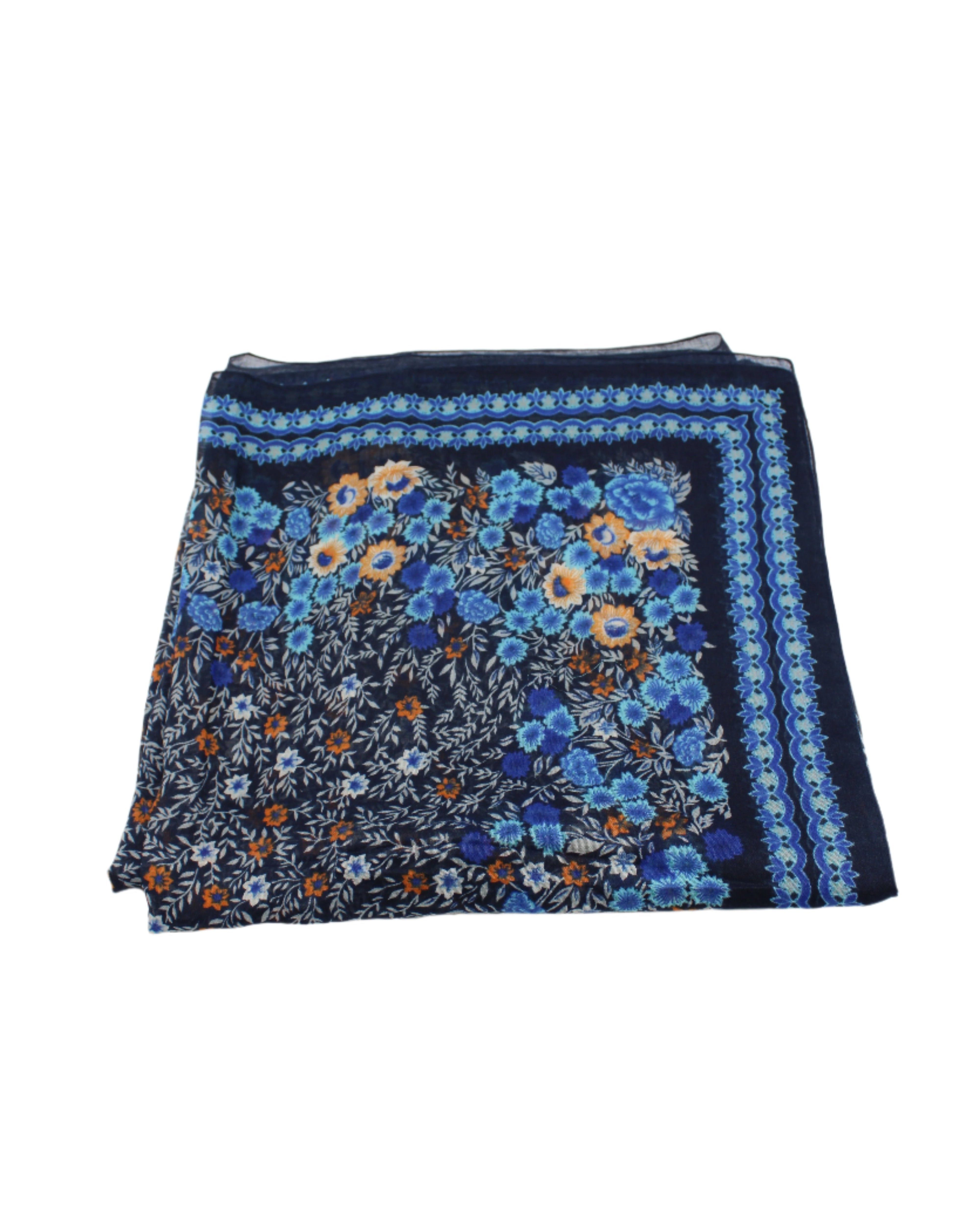 Detail view of pattern Sweet Meadow Scarf Wrap Blue Multicolor Floral Pattern with black, white, blue, turquoise, orange, etc. - Shebobo
