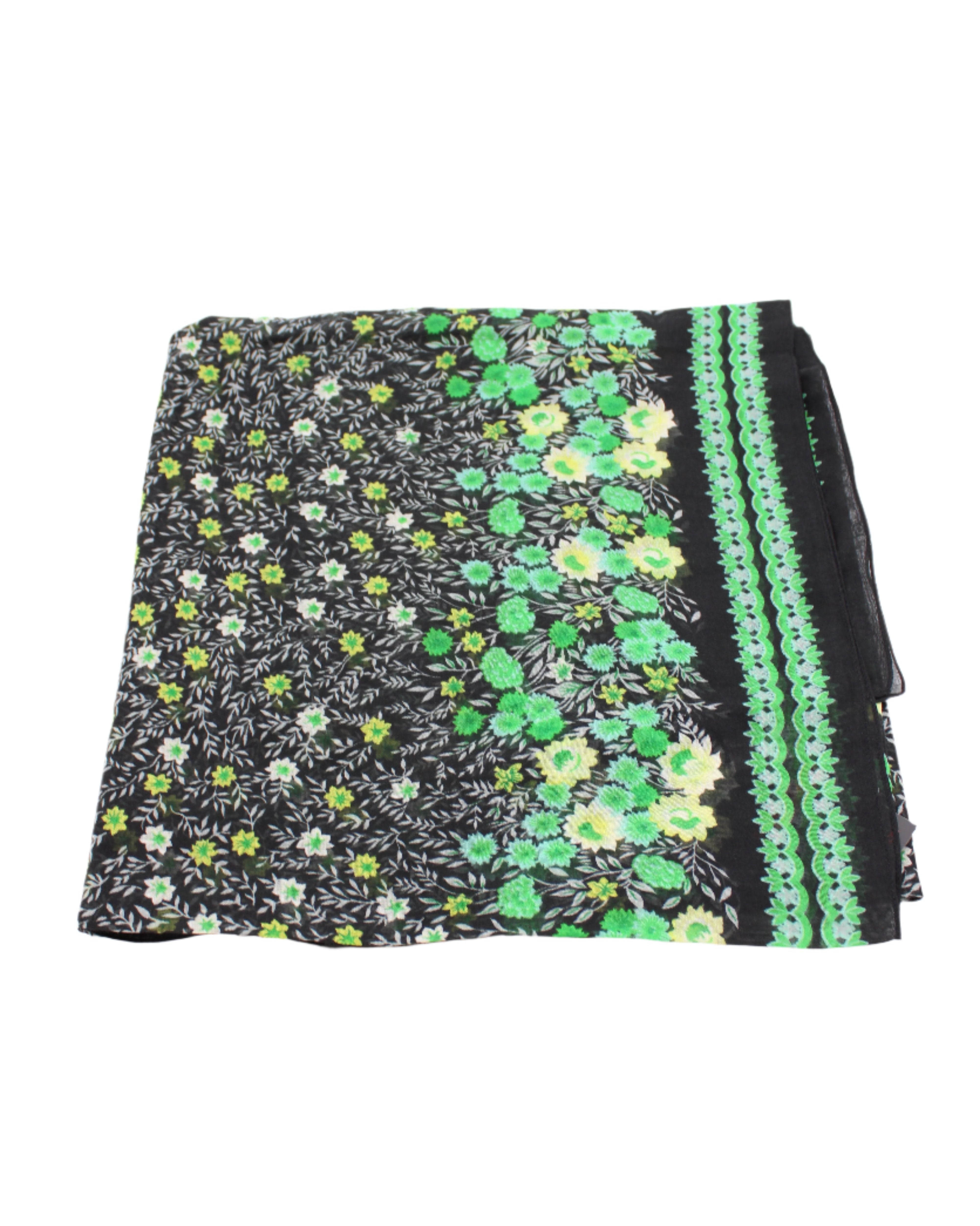 Detail view of pattern Sweet Meadow Scarf Wrap Green Multicolor Floral Pattern with black, white, green, yellow, etc. - Shebobo