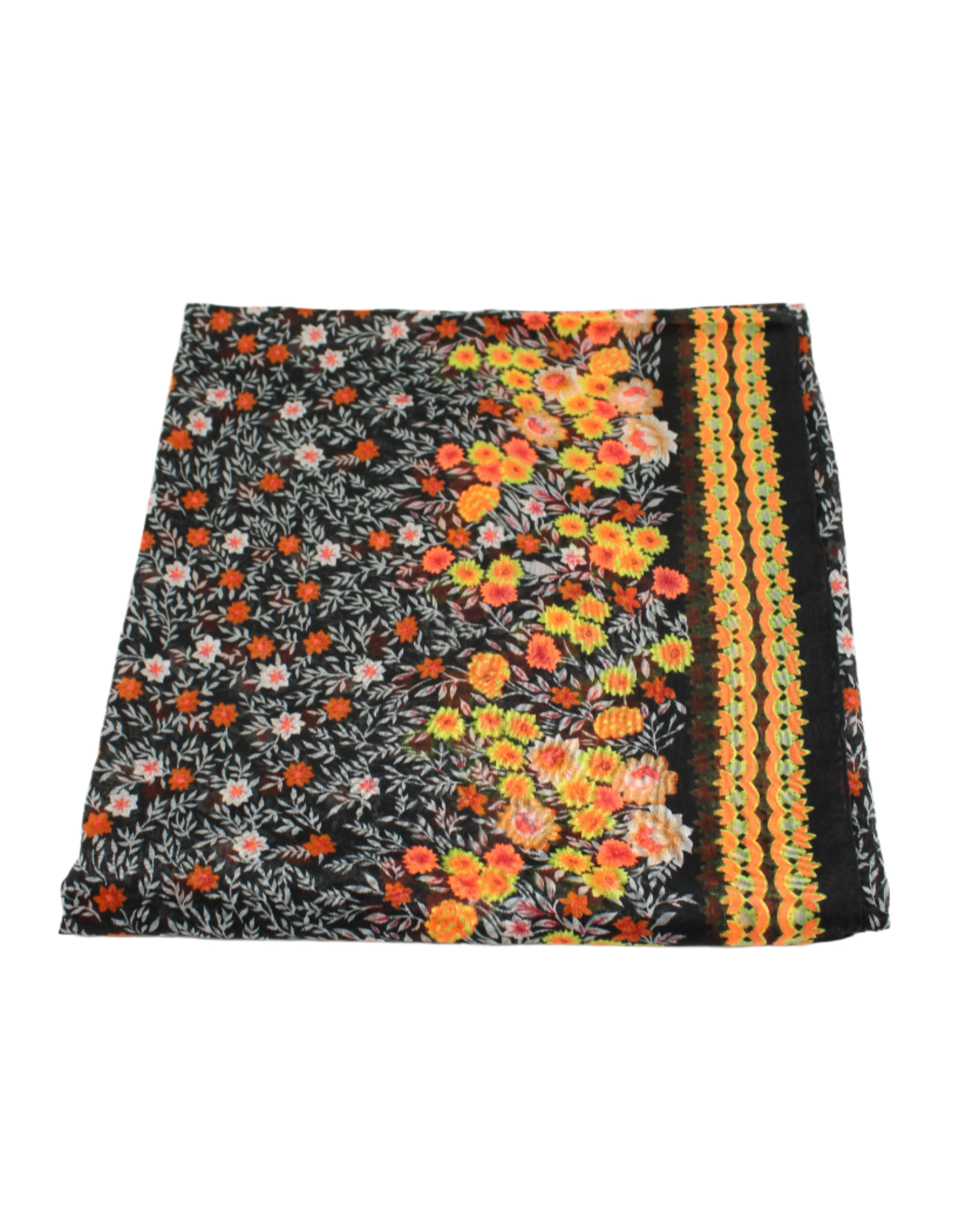 Detail view of pattern Sweet Meadow Scarf Wrap Orange Multicolor Floral Pattern with black, white, orange, yellow, etc. - Shebobo