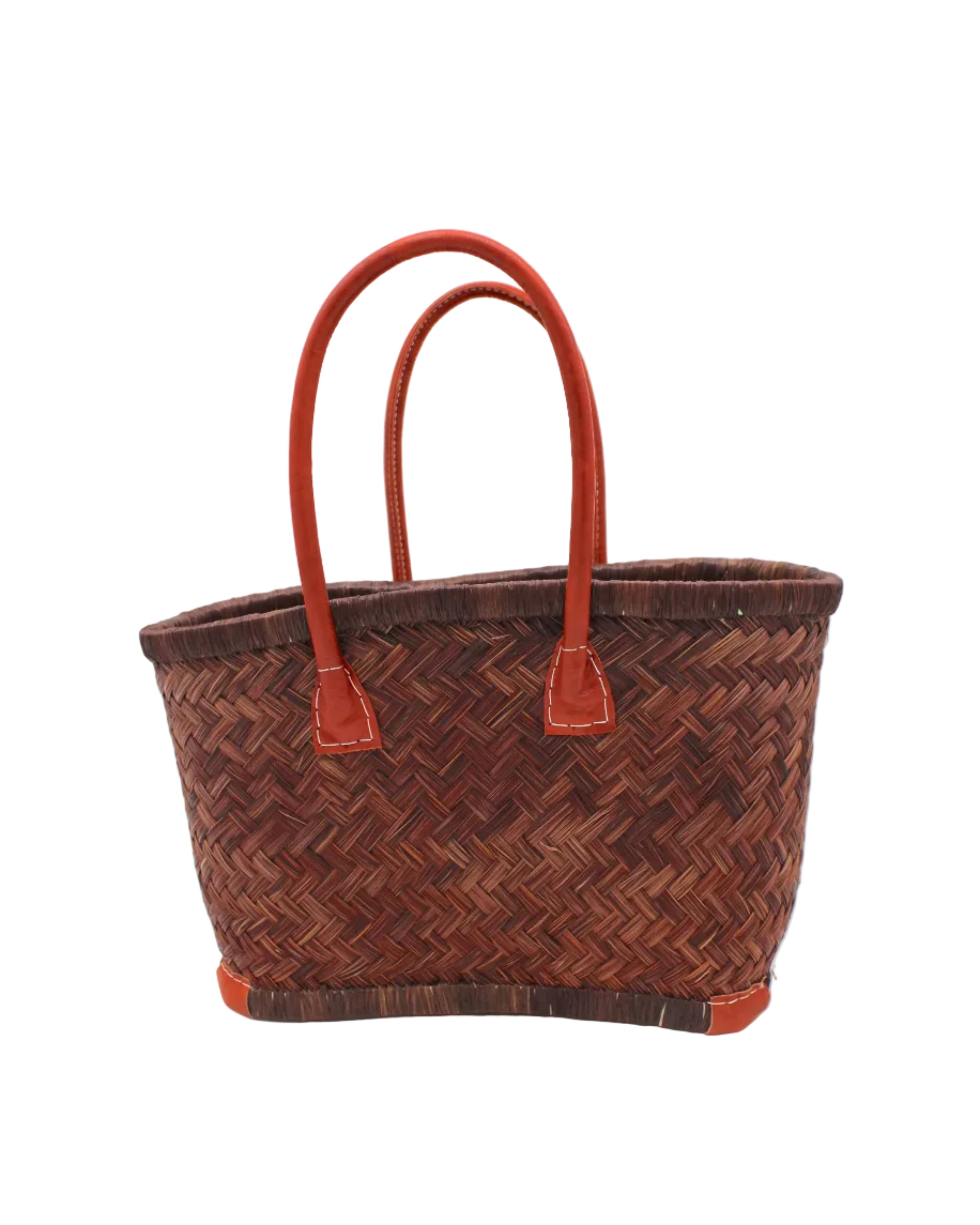 Tan Tan Woven Rush Straw Basket Tote Bag handmade woven natural rush fibers in a solid hue of espresso dark/chocolate/brown with matching looped raffia palm fiber top and bottom edging plus leather handles and feet handbag beach bag - Shebobo