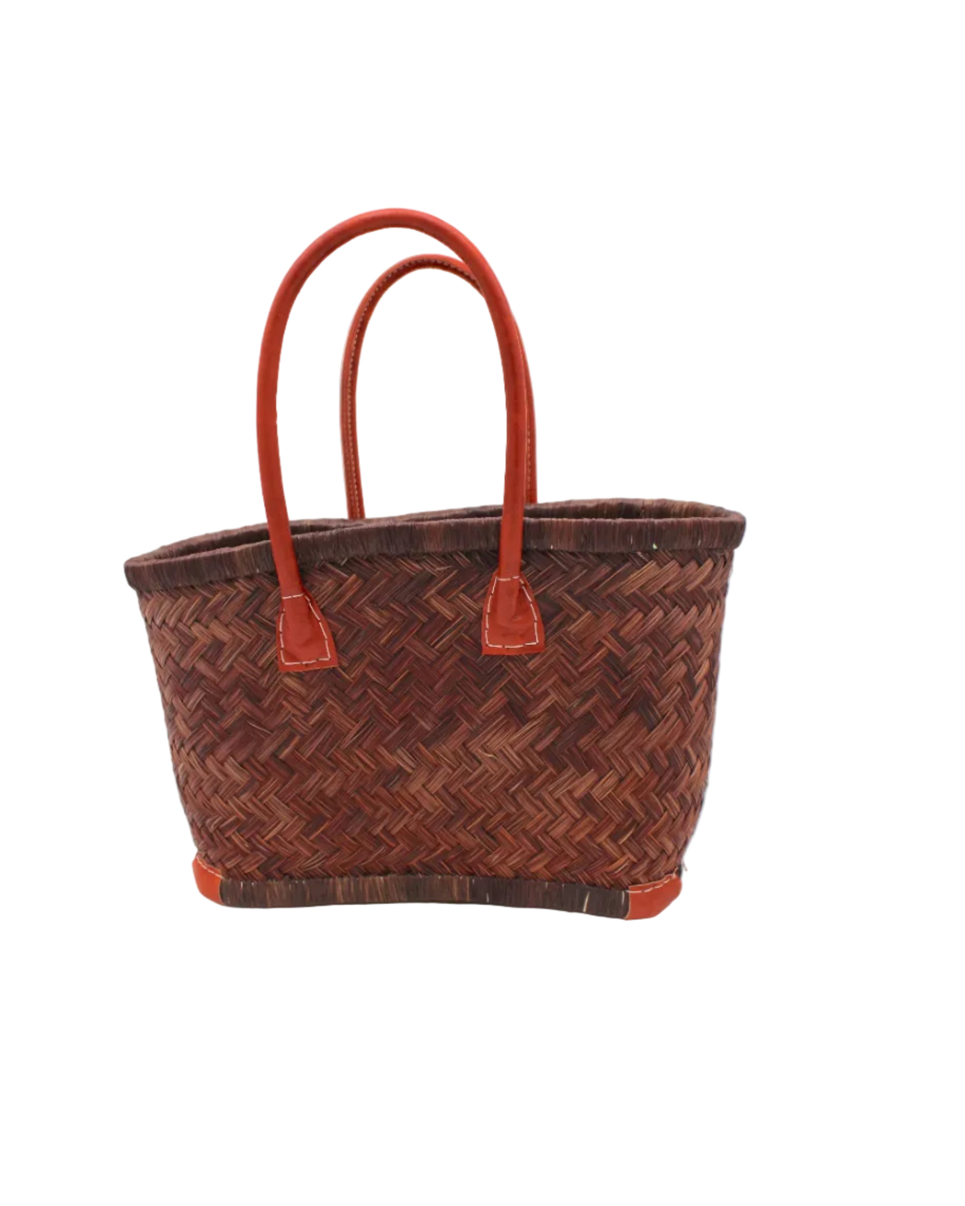 Tan Tan Woven Rush Straw Basket Tote Bag handmade woven natural rush fibers in a solid hue of mocha dark/chocolate/brown with matching looped raffia palm fiber top and bottom edging plus leather handles and feet handbag beach bag - Shebobo
