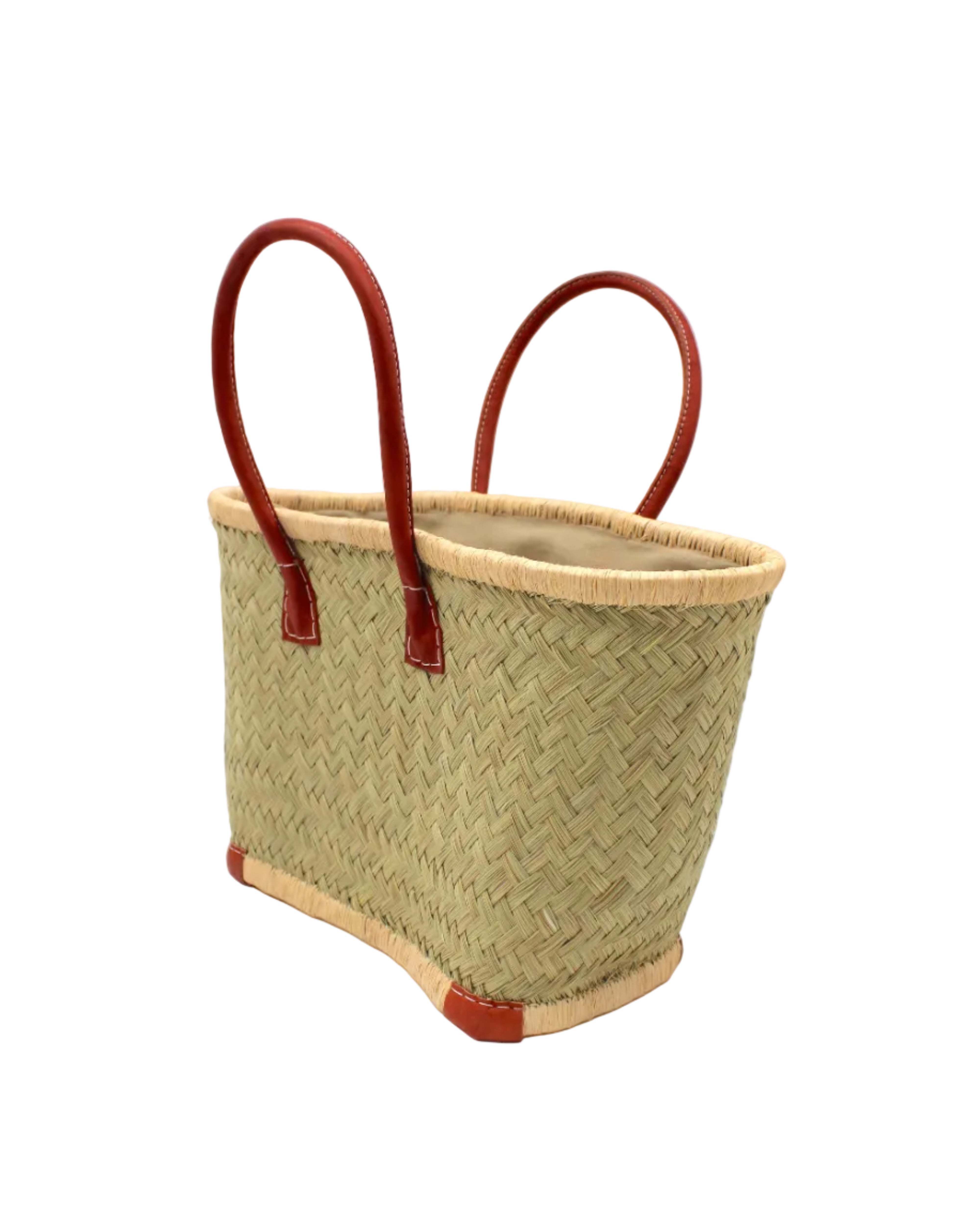 Side view Tan Tan Woven Rush Straw Basket Tote Bag handmade woven natural rush fibers in a solid hue of seagrass light/green/natural reed color with looped raffia palm fiber top and bottom edging in natural straw color plus leather handles and feet handbag beach bag - Shebobo