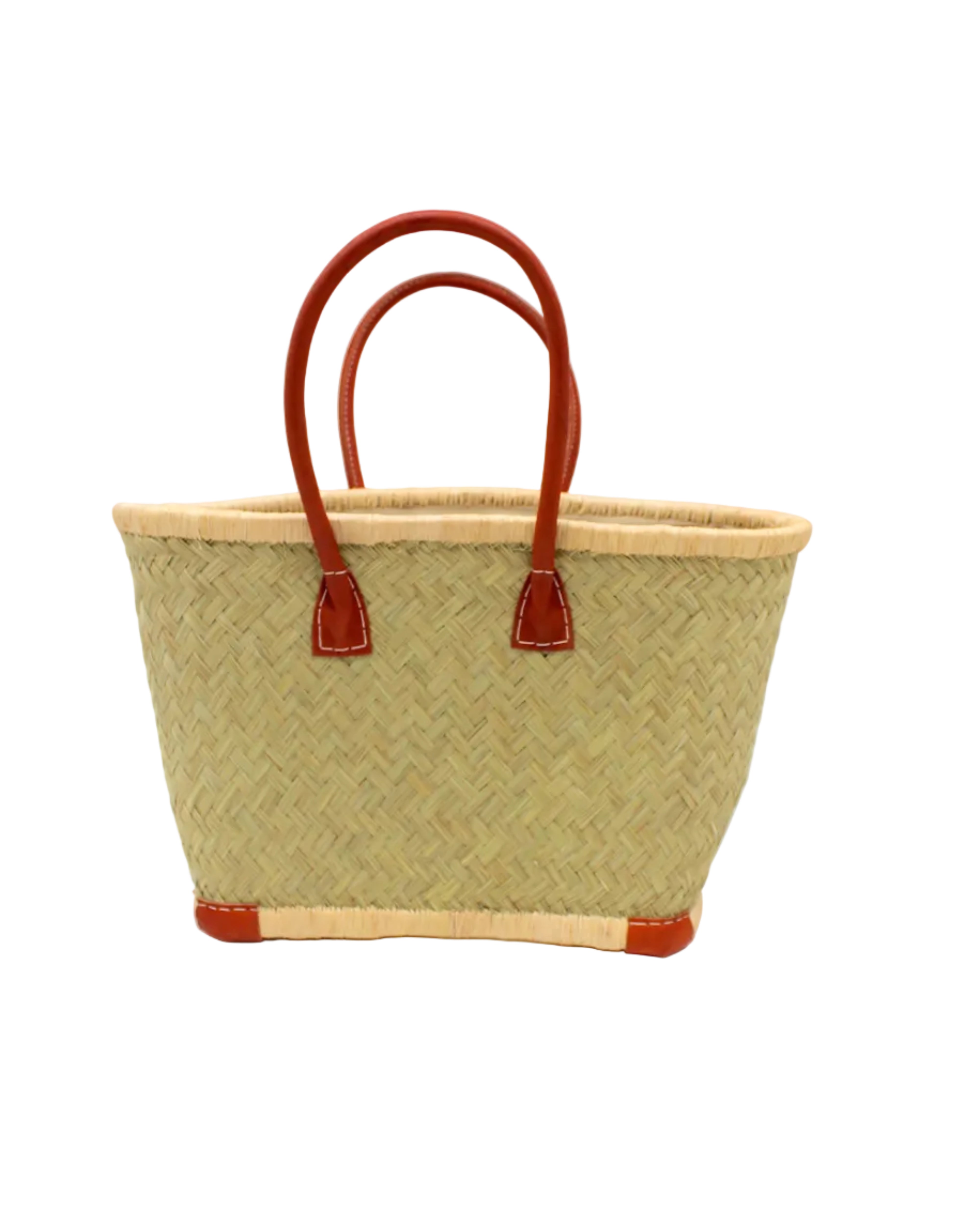 Tan Tan Woven Rush Straw Basket Tote Bag handmade woven natural rush fibers in a solid hue of seagrass light/green/natural reed color with looped raffia palm fiber top and bottom edging in natural straw color plus leather handles and feet handbag beach bag - Shebobo