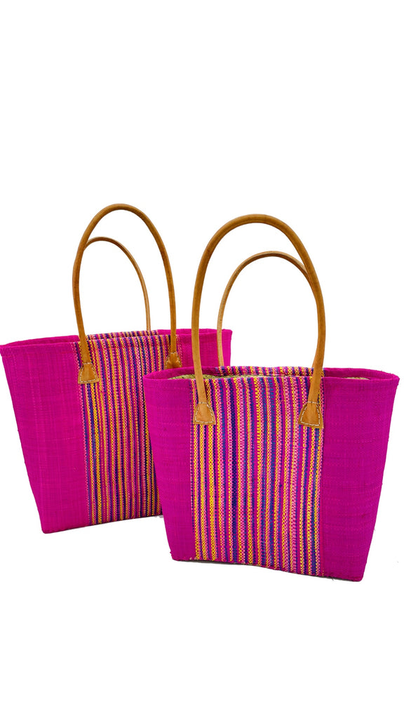 Tasmania Two Tone Melange Straw Basket Bag solid fuchsia sides with multicolor melange pattern on front & back in complementary hues handmade loomed raffia handbag with leather handles - Shebobo
