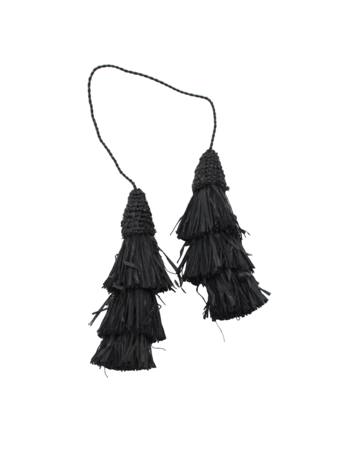 Tassel Tie Two Layered Raffia Straw Tiered Tufts Charm Embellishment handmade crochet and brushed natural raffia palm fiber in a single hue layered tuft tassel of Black beach bag handbag charm embellishment or party decor - Shebobo