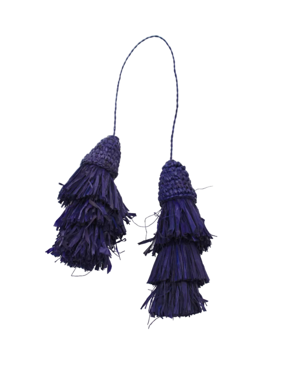 Tassel Tie Two Layered Raffia Straw Tiered Tufts Charm Embellishment handmade crochet and brushed natural raffia palm fiber in a single hue layered tuft tassel of Indigo dark/navy/blue beach bag handbag charm embellishment or party decor - Shebobo