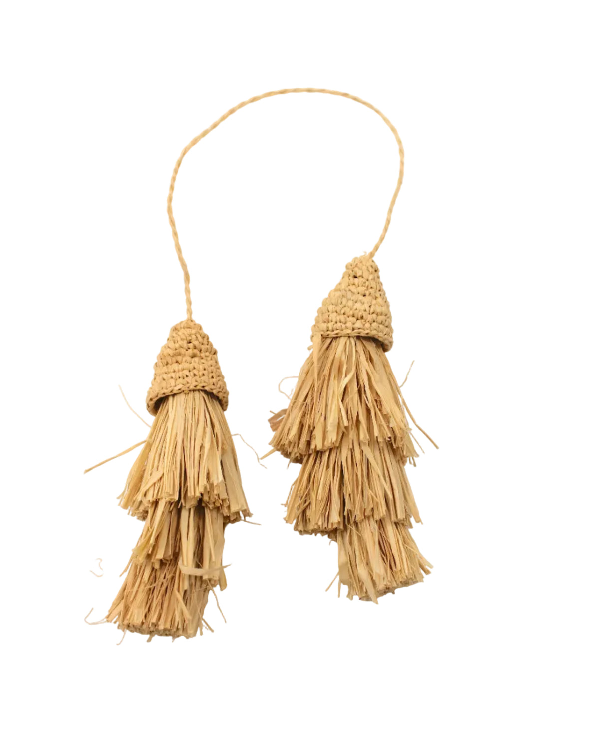 Tassel Tie Two Layered Raffia Straw Tiered Tufts Charm Embellishment handmade crochet and brushed natural raffia palm fiber in a single hue layered tuft tassel of Natural straw color beach bag handbag charm embellishment or party decor - Shebobo