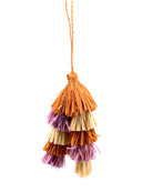 Tassels Layered Raffia Tufts Charm Embellishment Blush Multi handmade knotted and brushed natural raffia palm fiber in a multicolor layered tuft tassel of blush light/orange/pink, natural straw color, and lilas lilac/wisteria/light/purple beach bag handbag charm embellishment or party decor - Shebobo
